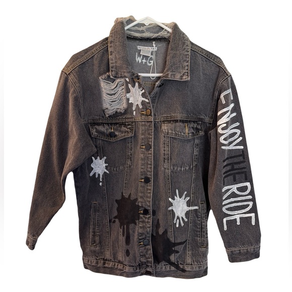 Wren and Glory Distressed Jean Jacket Enjoy the Ride, Hand Painted, Size S - Picture 1 of 11